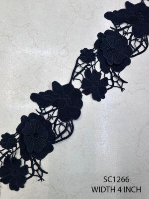 SC1266 black GPO chemical lace with 3D floral applique design, 4 inch wide
